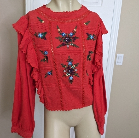 Free People Amy Red Floral Embroidered Bohemian Long Sleeve Blouse Women's Small - Picture 5 of 11